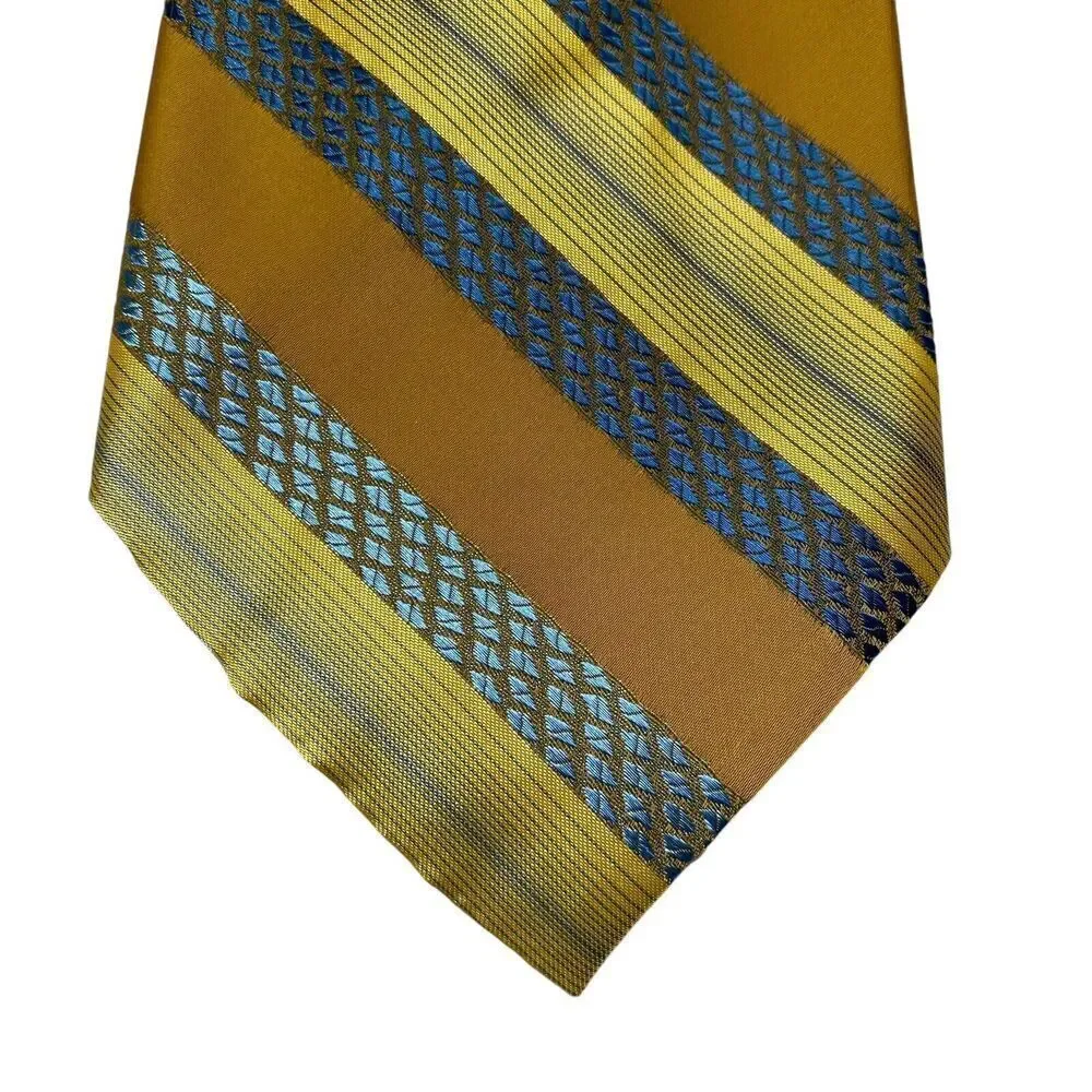 Vtg Wembley Men's Tie Necktie Wide Wemlon Polyester Yellow Blue Brown Striped